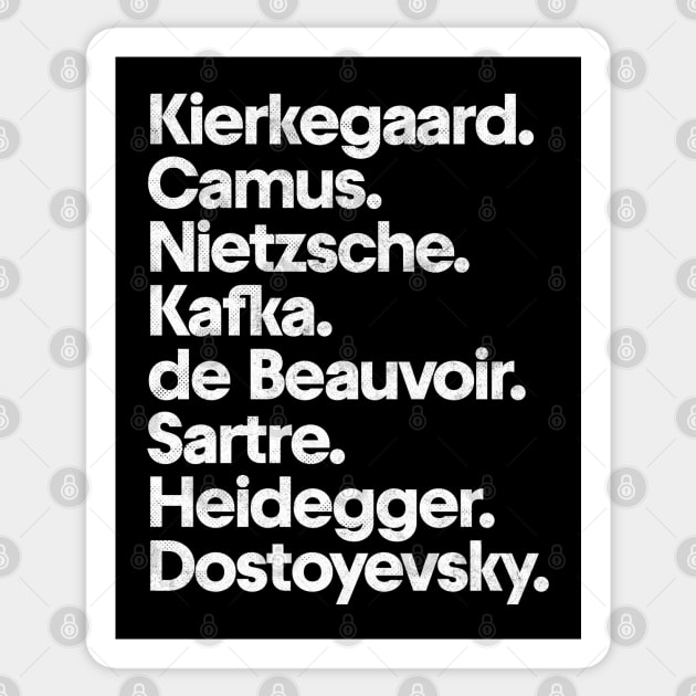 Kierkegaard. Camus. Nietzsche. Kafka. de Beauvoir. Sartre. Heidegger. Dostoyevsky. Sticker by DankFutura